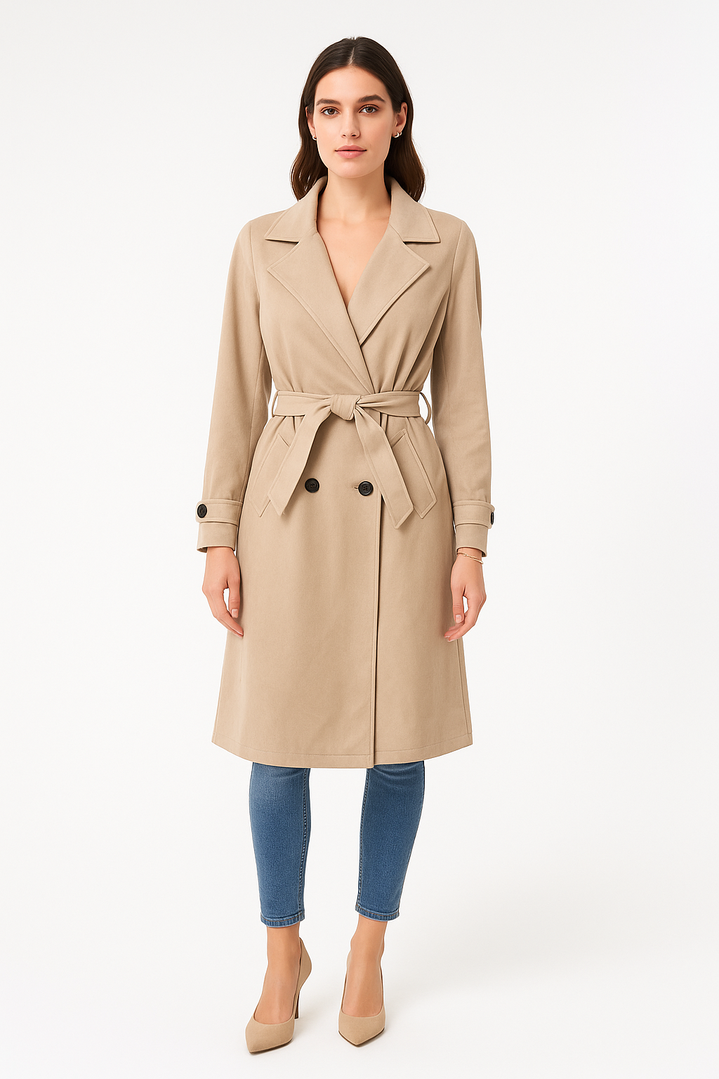 Button & Tie Front Detailed, Two Pocket Suede Trench Coat.