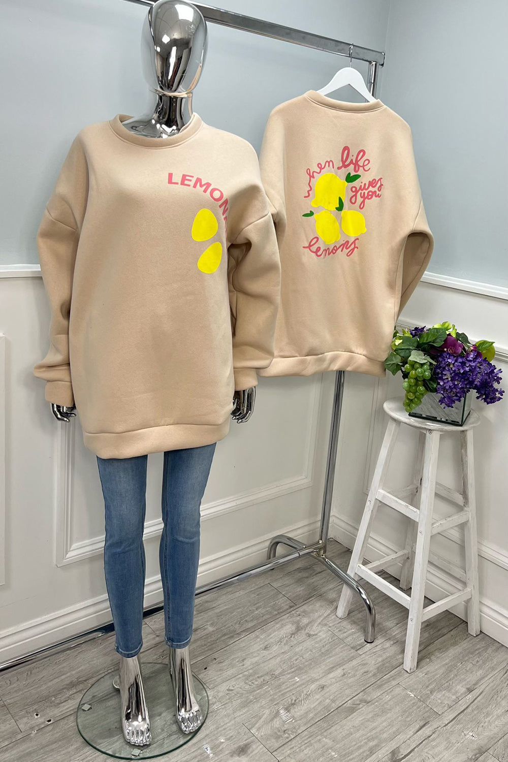 Round Neck, Fleece Lined, Lemon 🍋 Print Detailed, Oversized Top