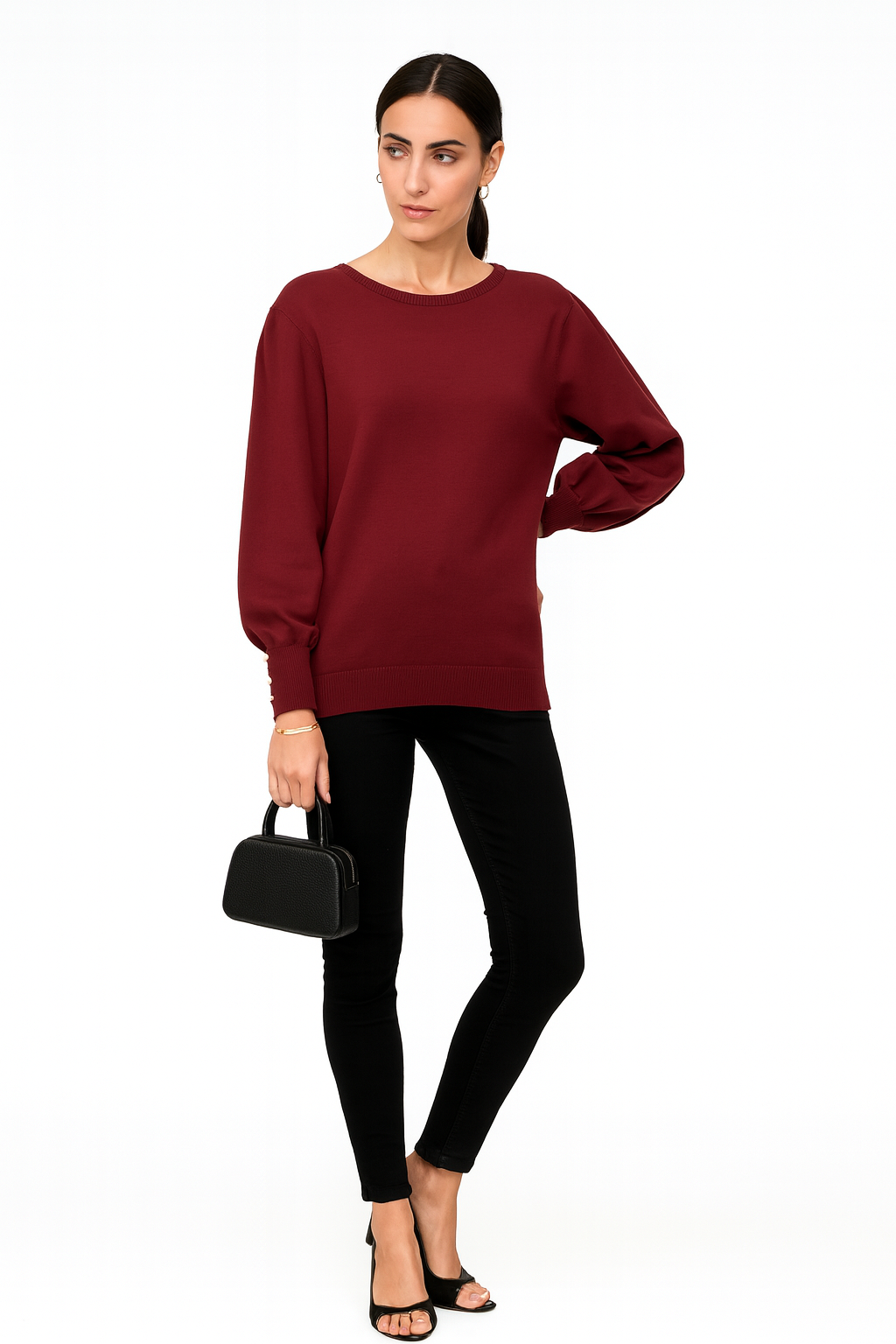 Round Neck, Golden Button Cuff Detailed, Elasticated Cuff & Hem, Viscose, Modal & Polymide Knitted Jumper.