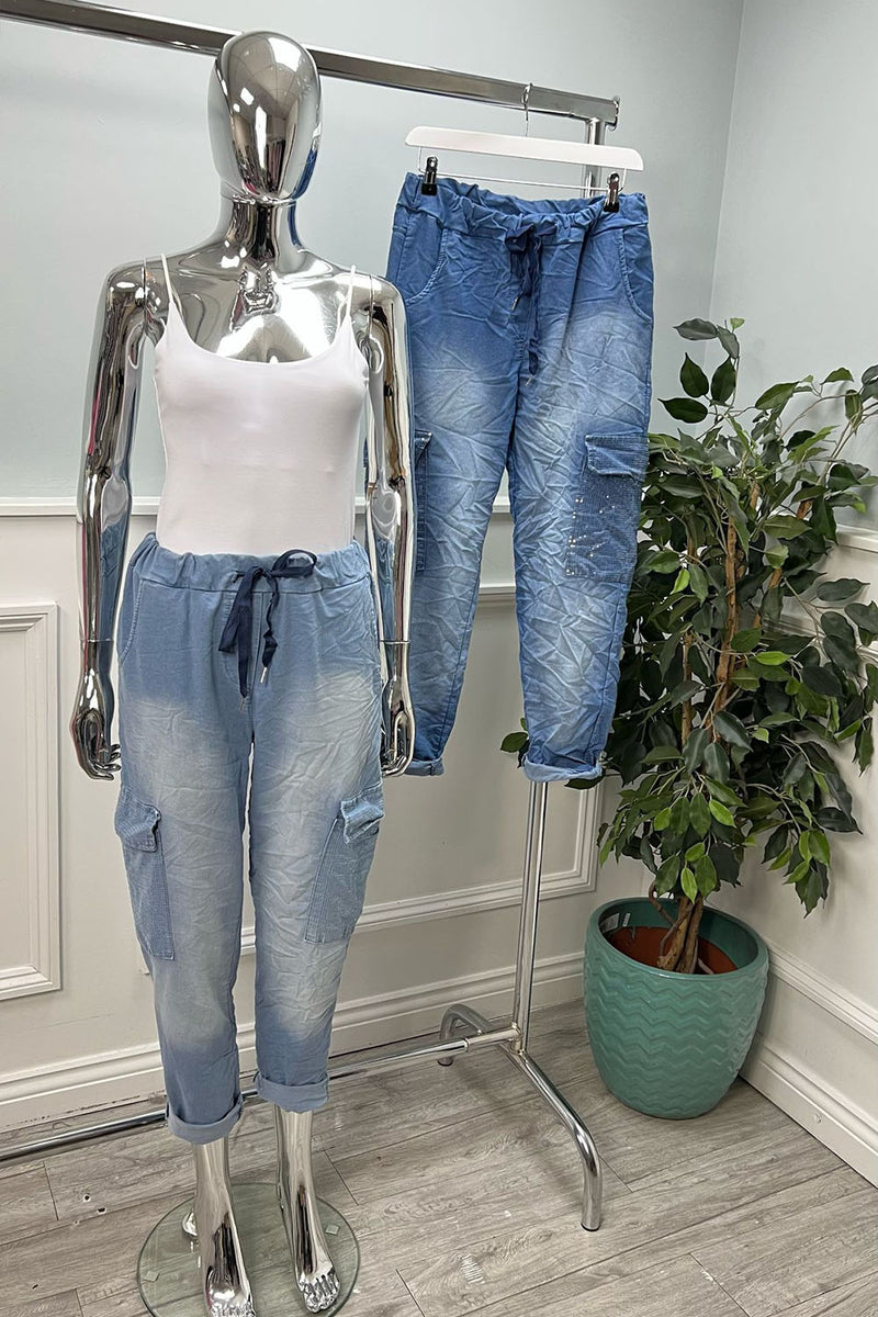 Sequin Pocket Detailed, Denim Strechy Combat Trouser