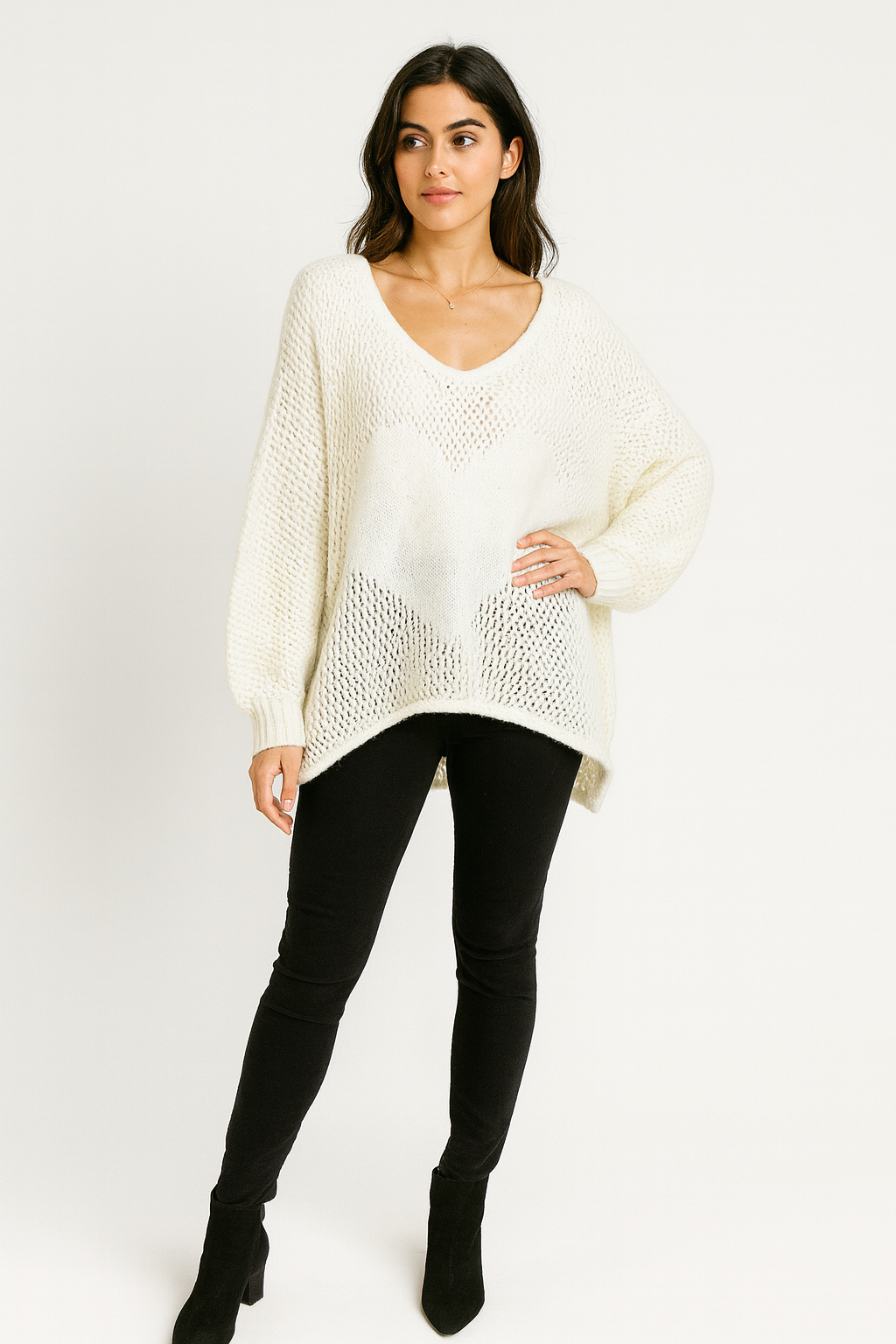 Ivory Heart-Pattern Open Lana Wool, Viscose & Acrylic Knitted Jumper.