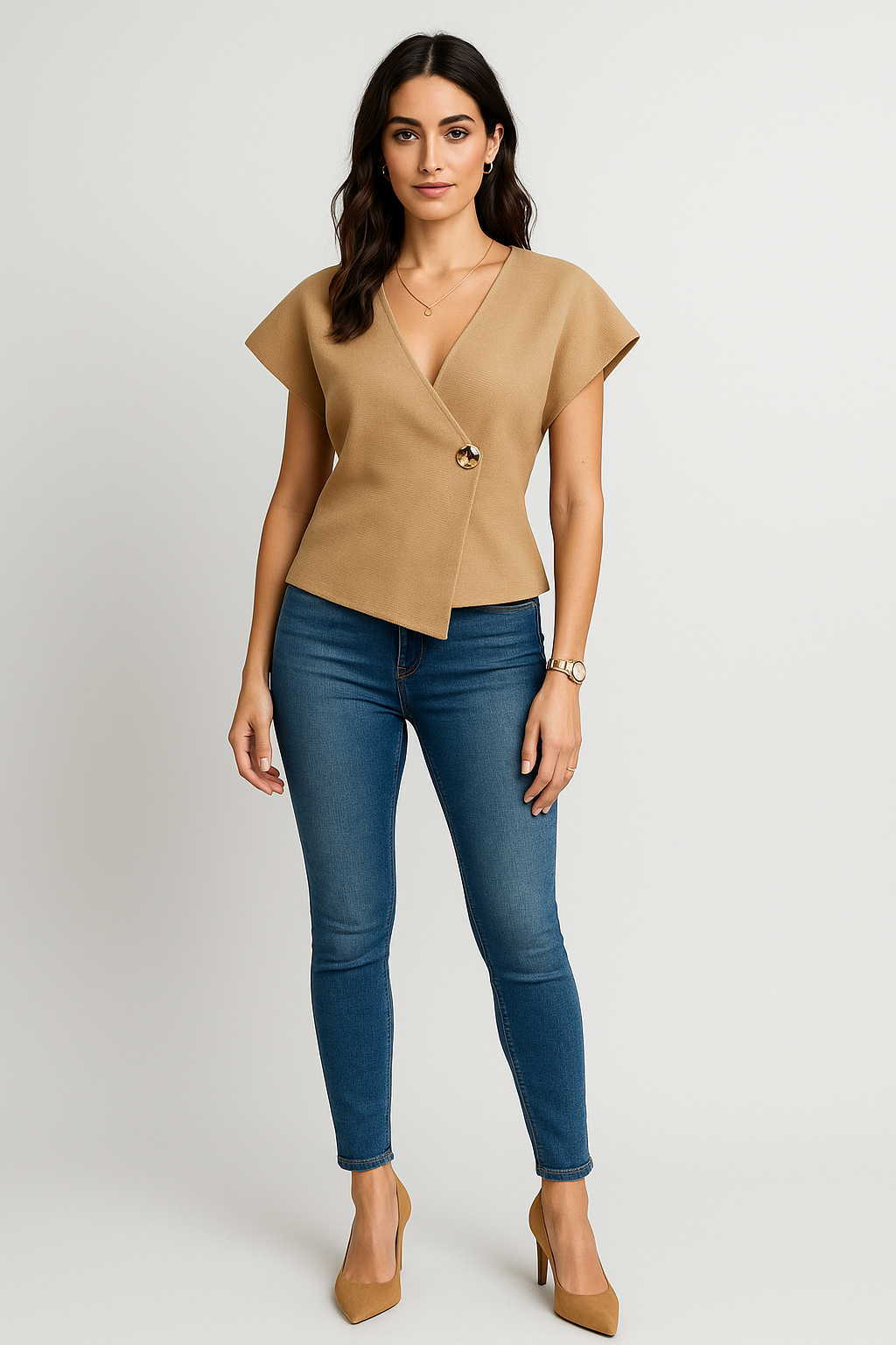 V neck  short-sleeve jacket with gold button closure
