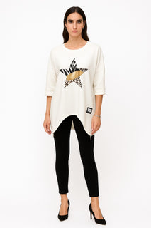 Round Neck, Star ⭐ Foil Print & Side Zip Hem Detailed, 100% Cotton, Two Pocket Oversized Top
