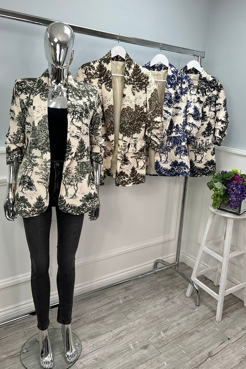 Ruched Sleeve Printed Plus Size Blazer