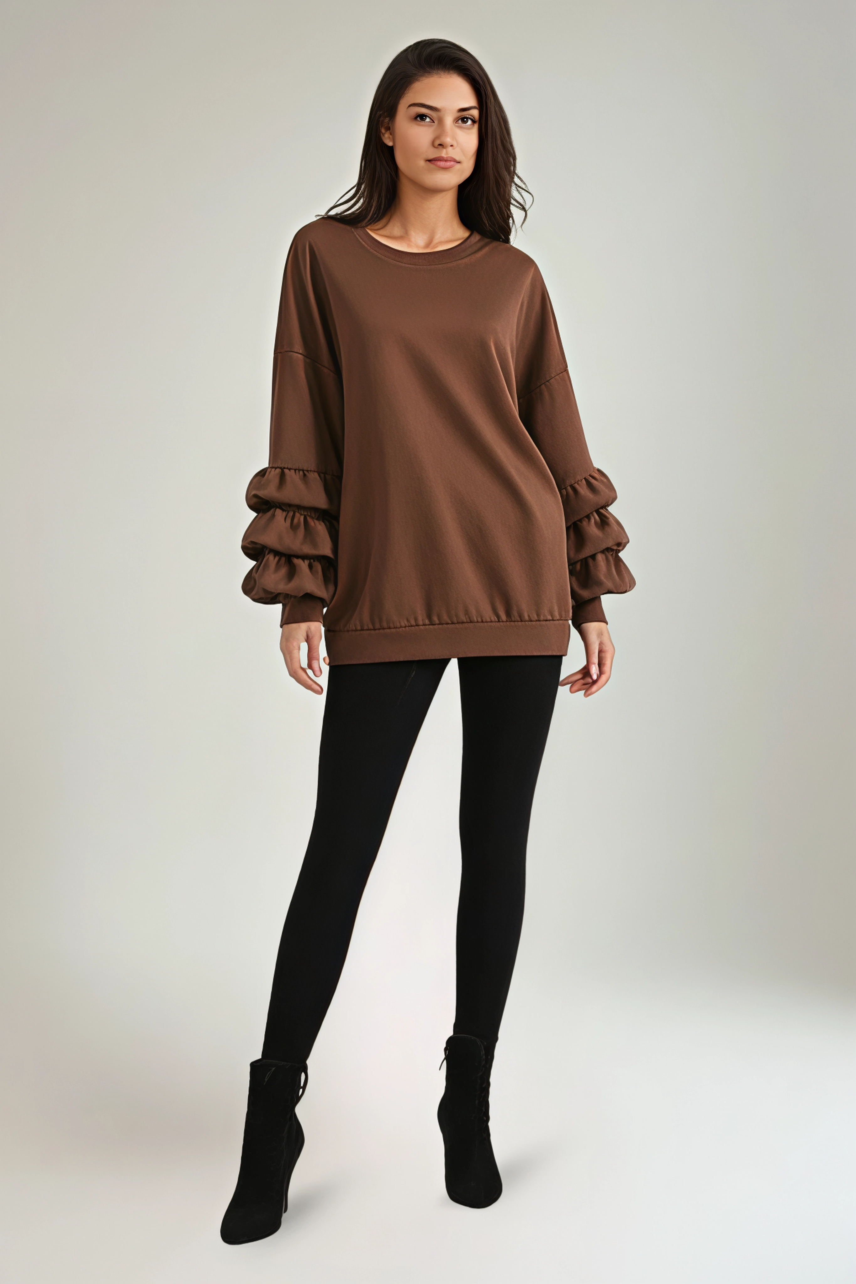 Round Neck, Frill Sleeve Detailed, Oversized Sweatshirt