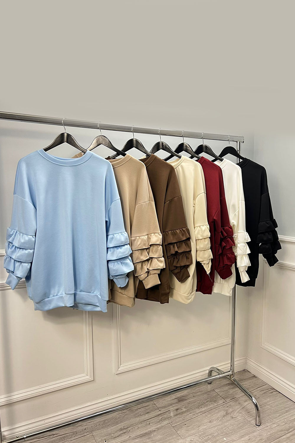 Round Neck, Frill Sleeve Detailed, Oversized Sweatshirt