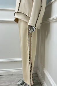 Round Neck, Leopard Trim Detailed, Elasticated Waist, Wide Leg Two Piece Set.