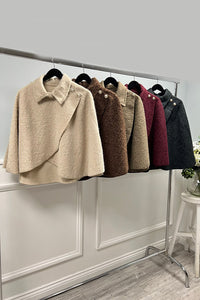 Brown Cape Coat – Button Shoulder with Draped Front