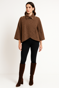 Brown Cape Coat – Button Shoulder with Draped Front
