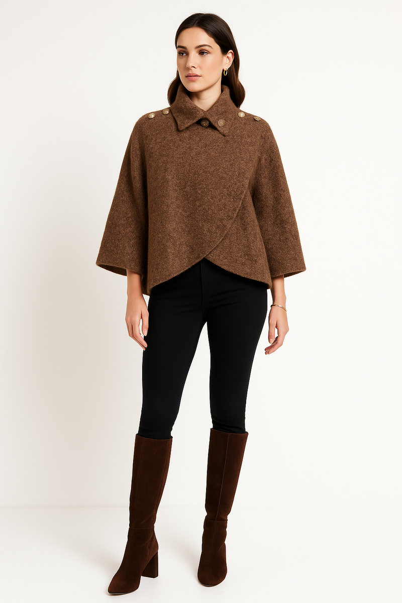 Brown Cape Coat – Button Shoulder with Draped Front