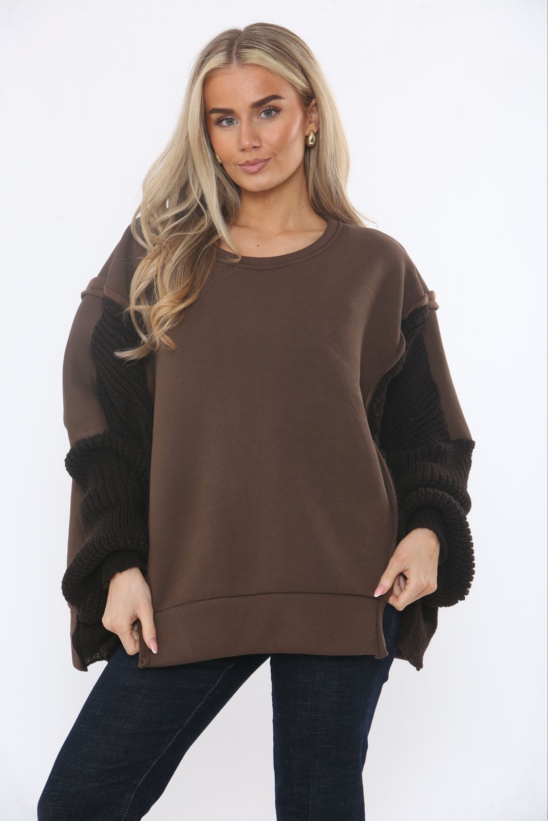 Round Neck, Split Hem, Knitted Sleeve Detailed, Cotton & Acrylic Top
