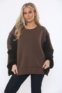Round Neck, Split Hem, Knitted Sleeve Detailed, Cotton & Acrylic Top