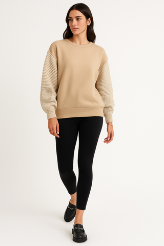 Round Neck, Split Hem, Knitted Sleeve Detailed, Cotton & Acrylic Top