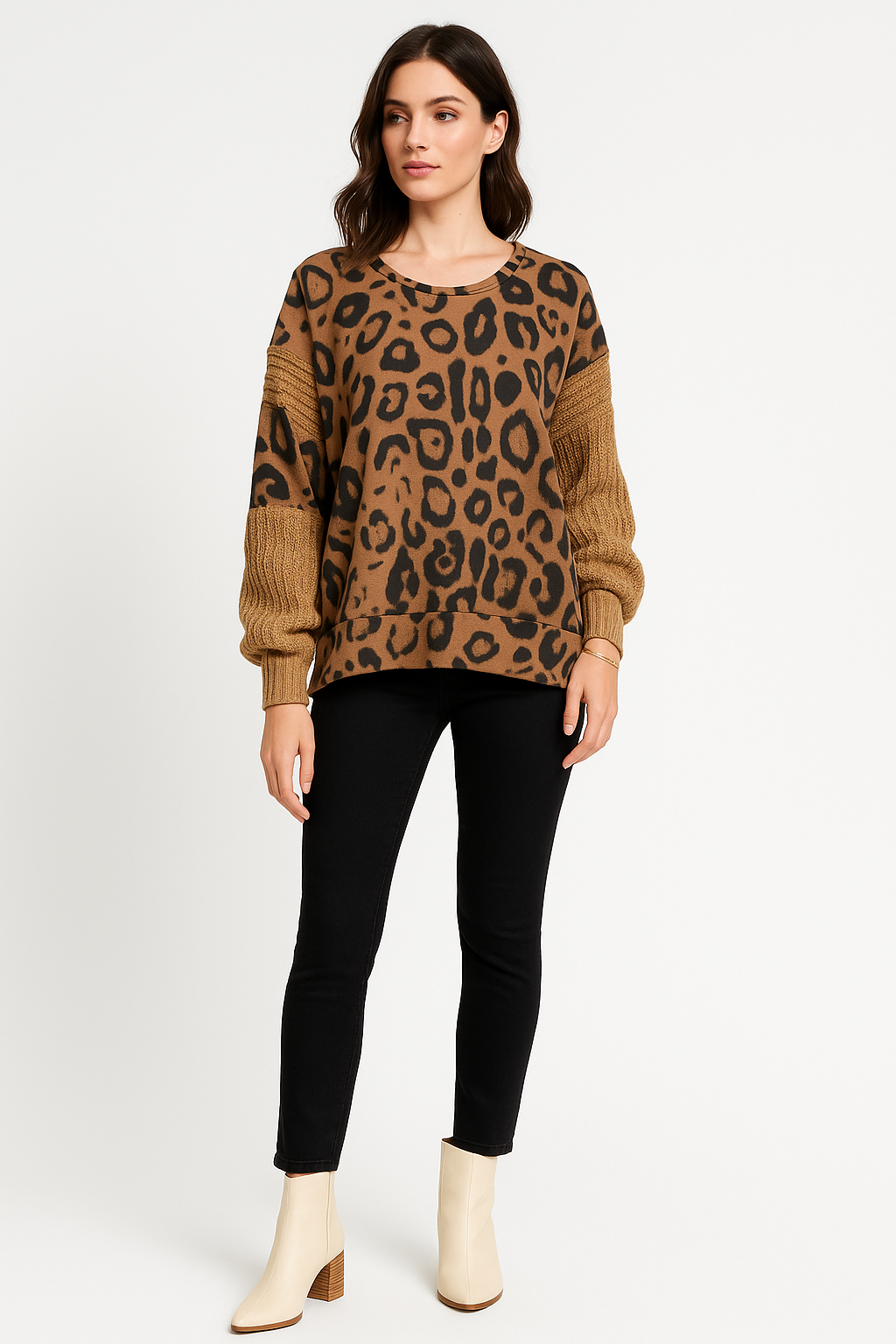 Leopard Knit Mixed-Sleeve Sweater