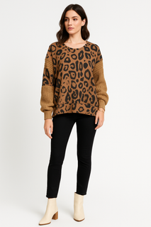 Leopard Knit Mixed-Sleeve Sweater