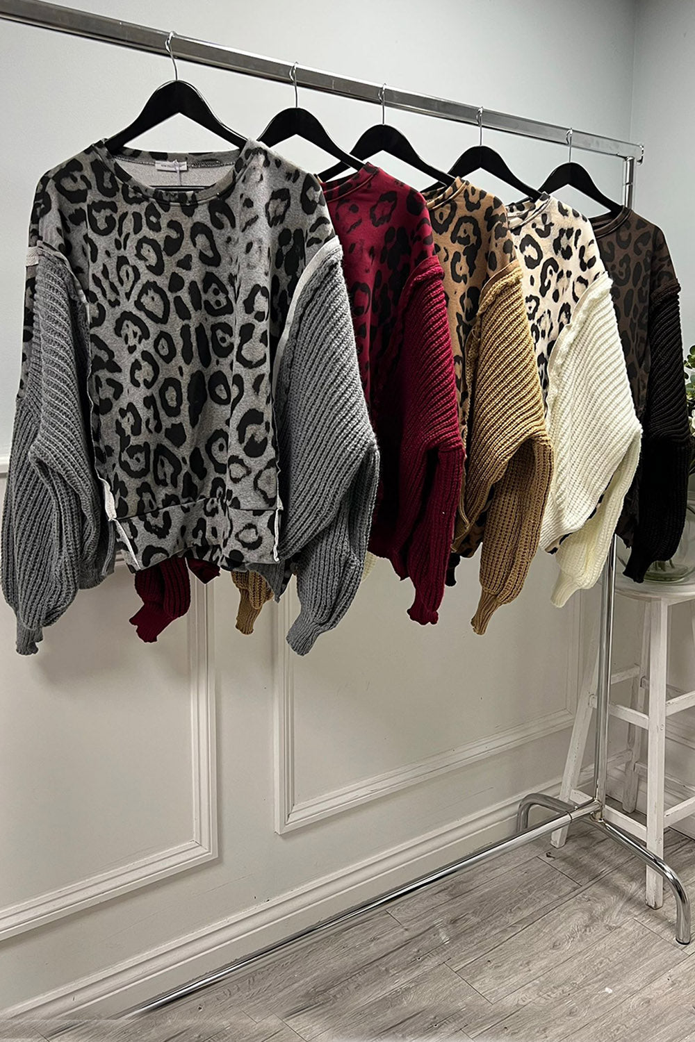 Leopard Knit Mixed-Sleeve Sweater