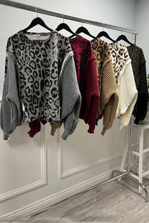 Leopard Knit Mixed-Sleeve Sweater