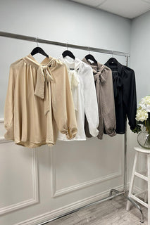 High Neck, Bow Detailed, Elasticated Cuff Top.