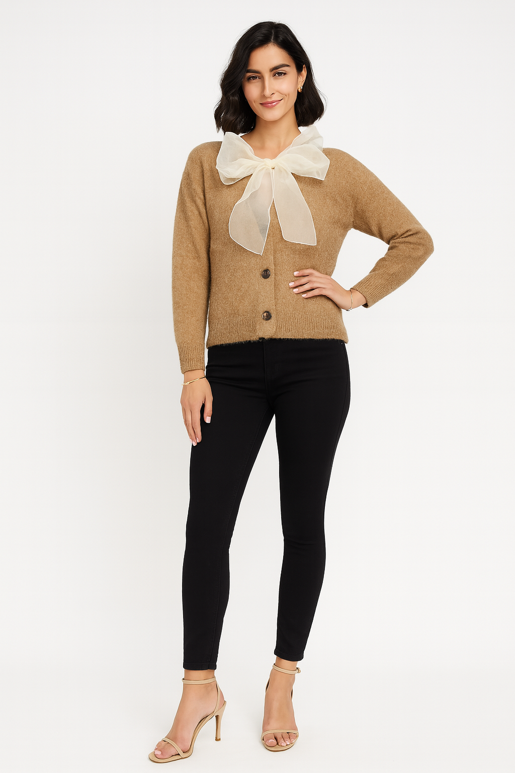 Round Neck, Scarf Detailed, Lana Wool, Polymide & Acrylic Knitted Cardigan