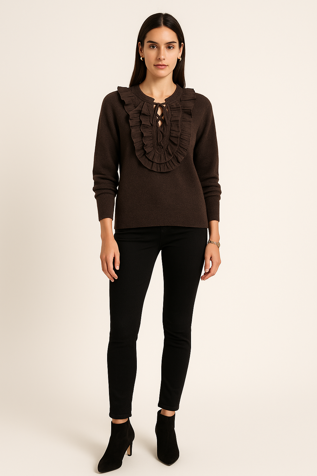 Ruffled knit sweater with lace-up neckline