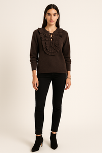Ruffled knit sweater with lace-up neckline