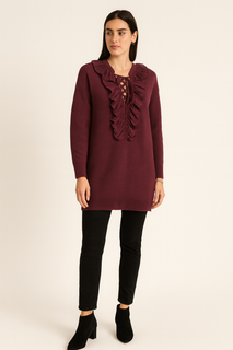 Ruffle-trim knit tunic with lace-up neckline