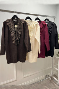 Ruffle-trim knit tunic with lace-up neckline