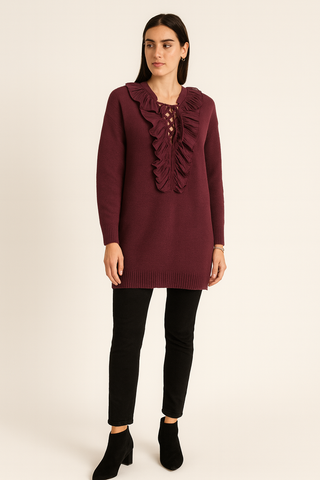 Ruffle-trim knit tunic with lace-up neckline