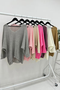 V-Neck, Acrylic & Nylon Knitted, Oversized Batwing Jumper