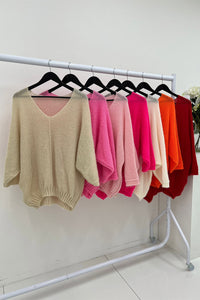 V-Neck, Acrylic & Nylon Knitted, Oversized Batwing Jumper