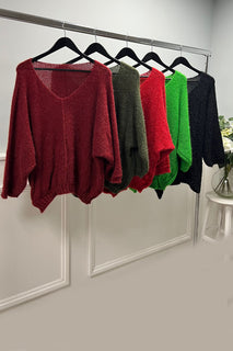 V-Neck, Acrylic & Nylon Knitted, Oversized Batwing Jumper