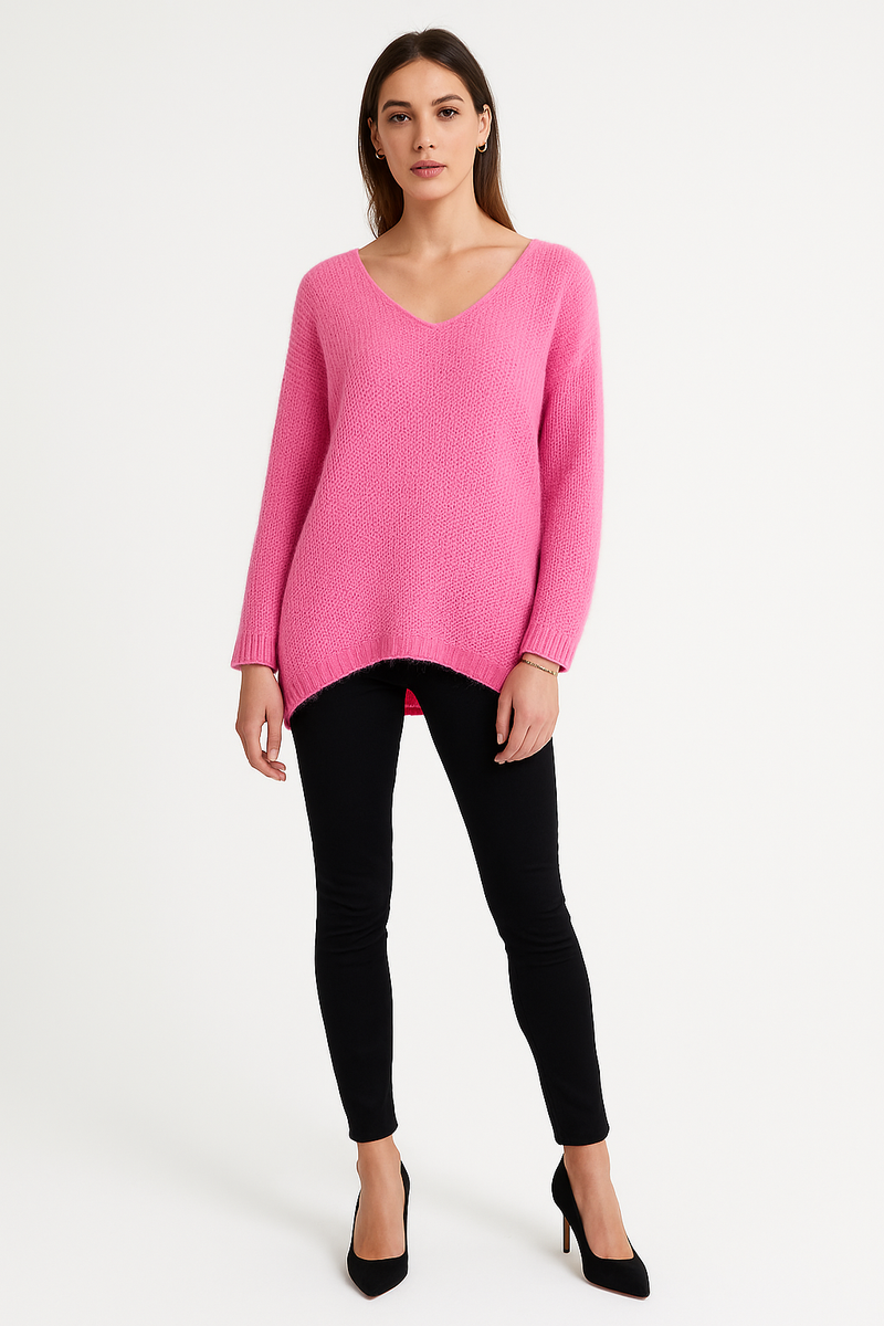 V-Neck, Acrylic & Nylon Knitted, Oversized Batwing Jumper