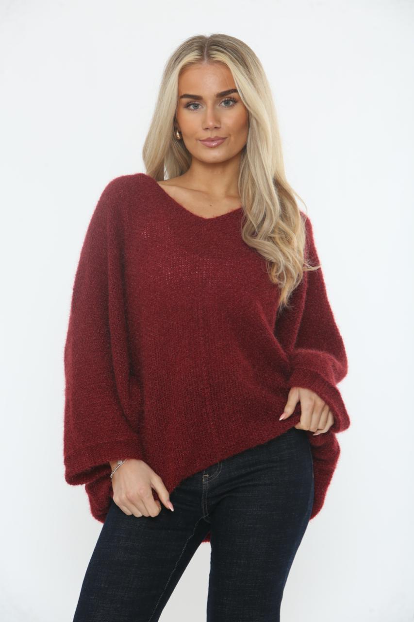 V-Neck, Acrylic & Nylon Knitted, Oversized Batwing Jumper
