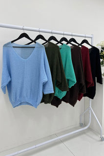 V-Neck, Acrylic & Nylon Knitted, Oversized Batwing Jumper