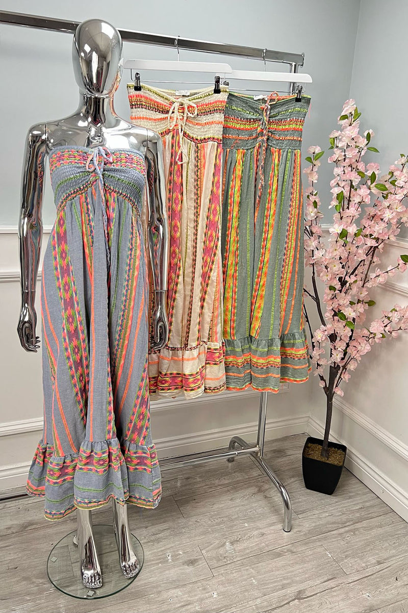 Off The Shoulder, Tie Front Detailed, 100% Cotton Printed Dress