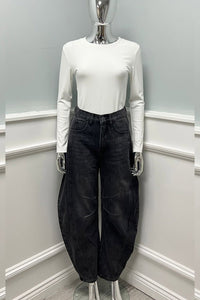 High-waisted, relaxed-fit, black washed denim jeans