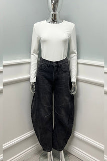High-waisted, relaxed-fit, black washed denim jeans