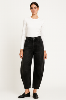 High-waisted, relaxed-fit, black washed denim jeans