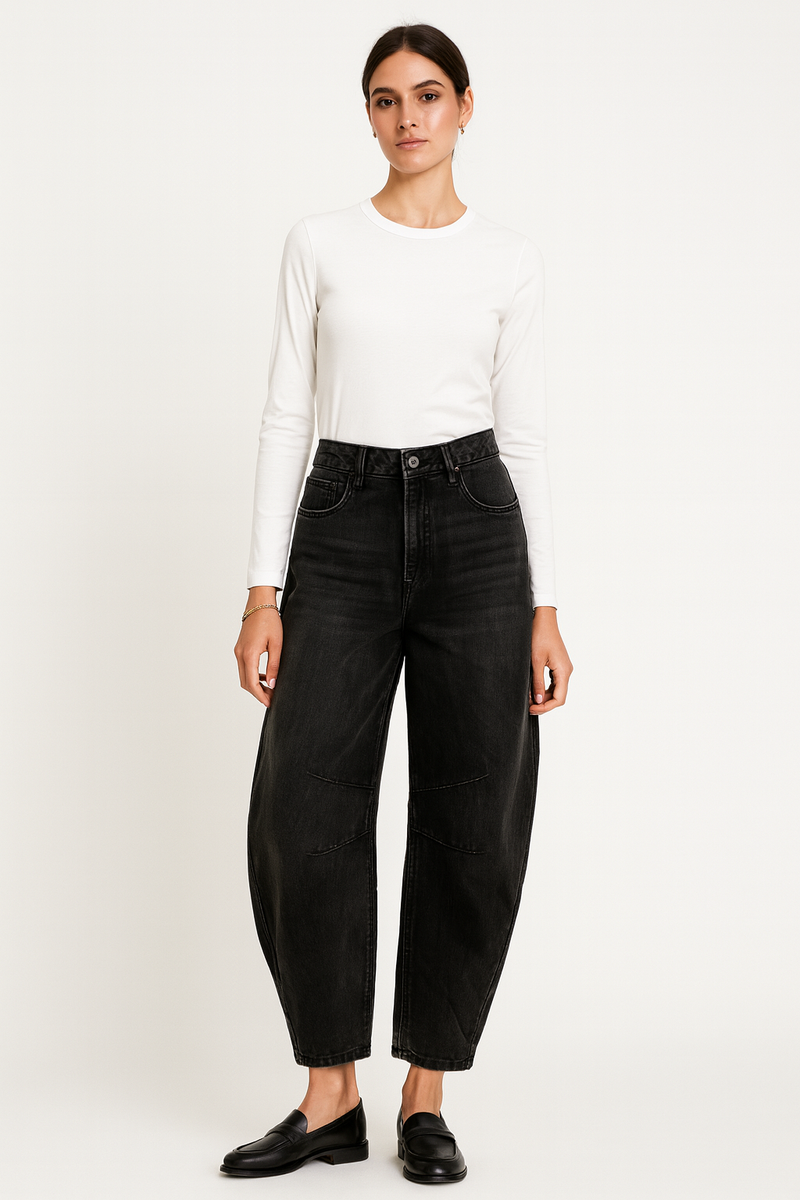 High-waisted, relaxed-fit, black washed denim jeans
