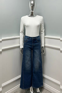 High-waisted, wide-leg denim jeans