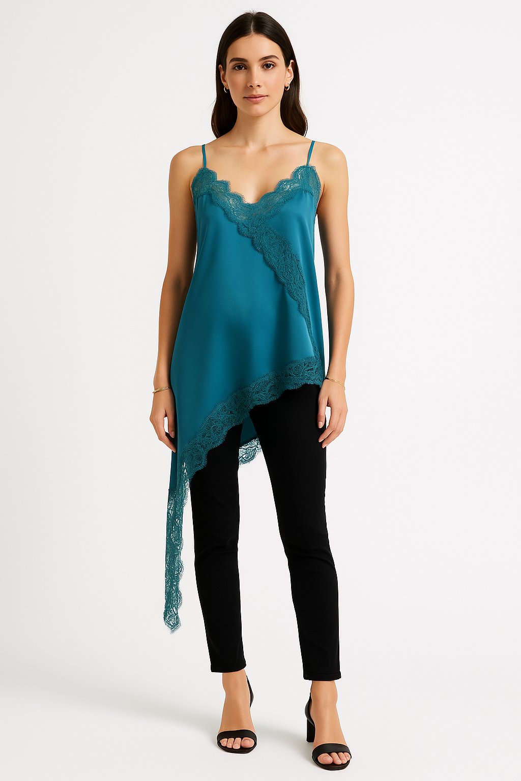 V-neck , asymmetrical, satin camisole with delicate spaghetti straps