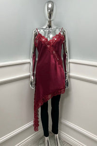 V-neck , asymmetrical, satin camisole with delicate spaghetti straps