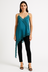V-neck , asymmetrical, satin camisole with delicate spaghetti straps