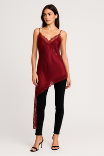 V-neck , asymmetrical, satin camisole with delicate spaghetti straps