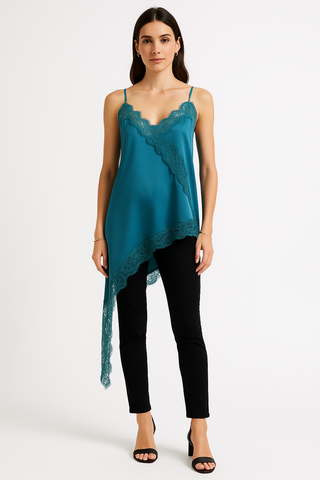 V-neck , asymmetrical, satin camisole with delicate spaghetti straps