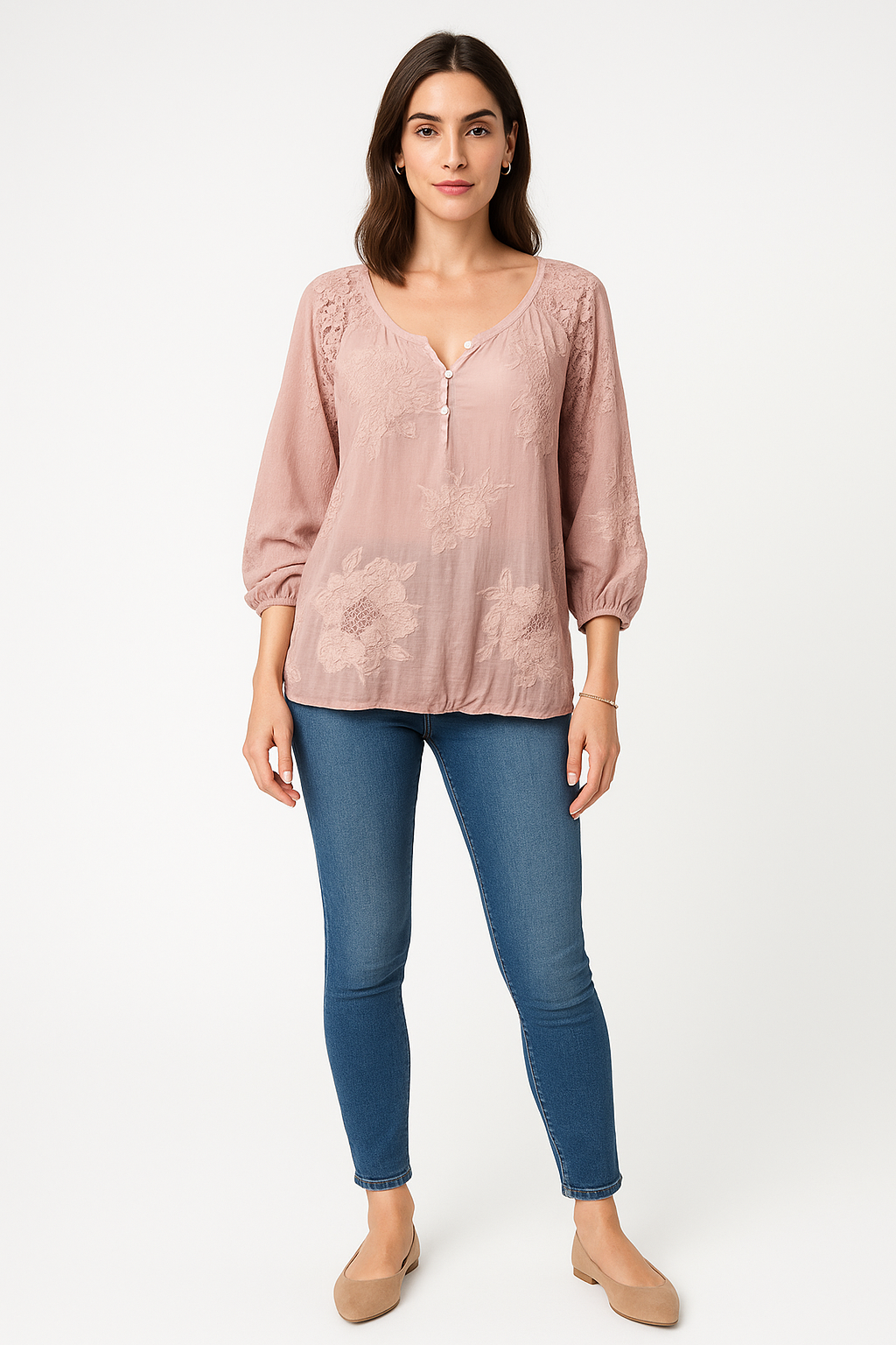 V-Neck, Button Detailed, Floral Embroidered Top