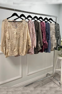 V-Neck, Button Detailed, Floral Embroidered Top