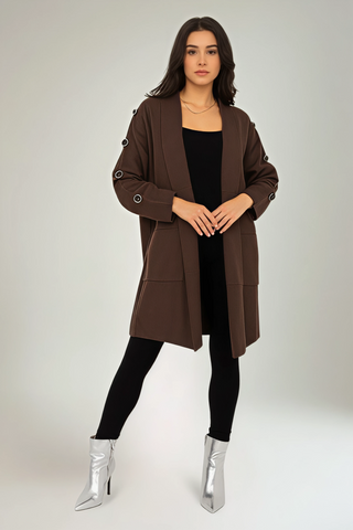 Button Detailed Sleeve, Viscose, Nylon & Modal Knitted, Two Pocket Cardigan