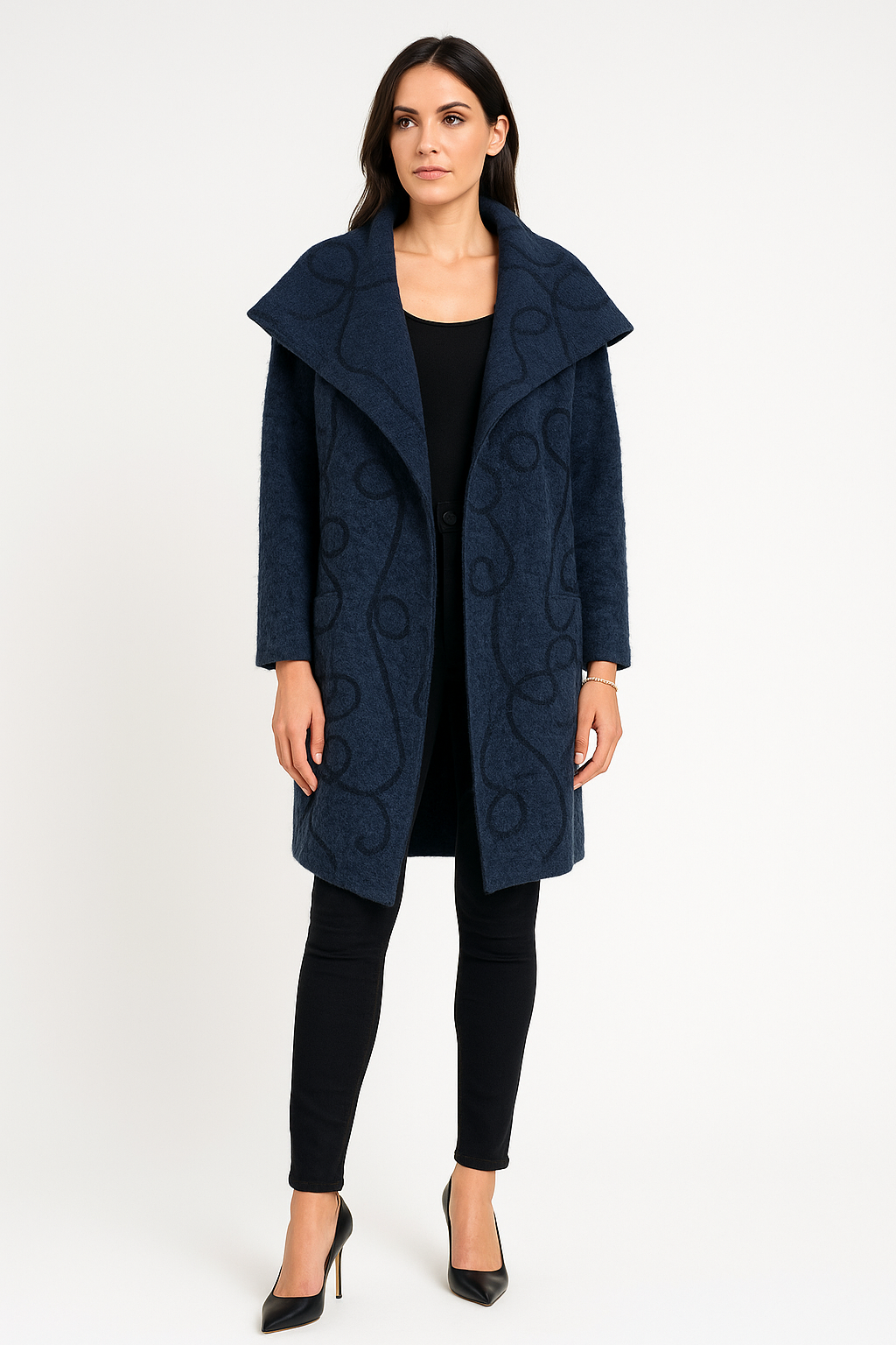 Oversized shawl collar , textured open-front coats