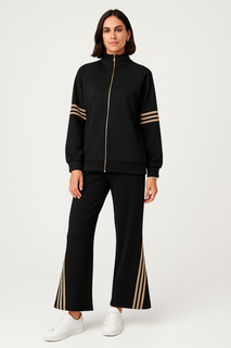 Two Pocket, Elasticated Cuff, High Neck, Zip Through, Elasticated Waist, Drawstring Detailed, Two Pocket Wide Leg Two Piece Set